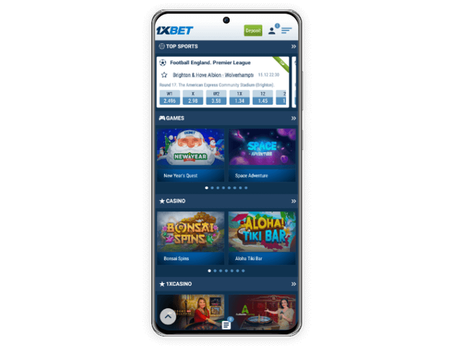 1xBet mobile app main screen on a smartphone