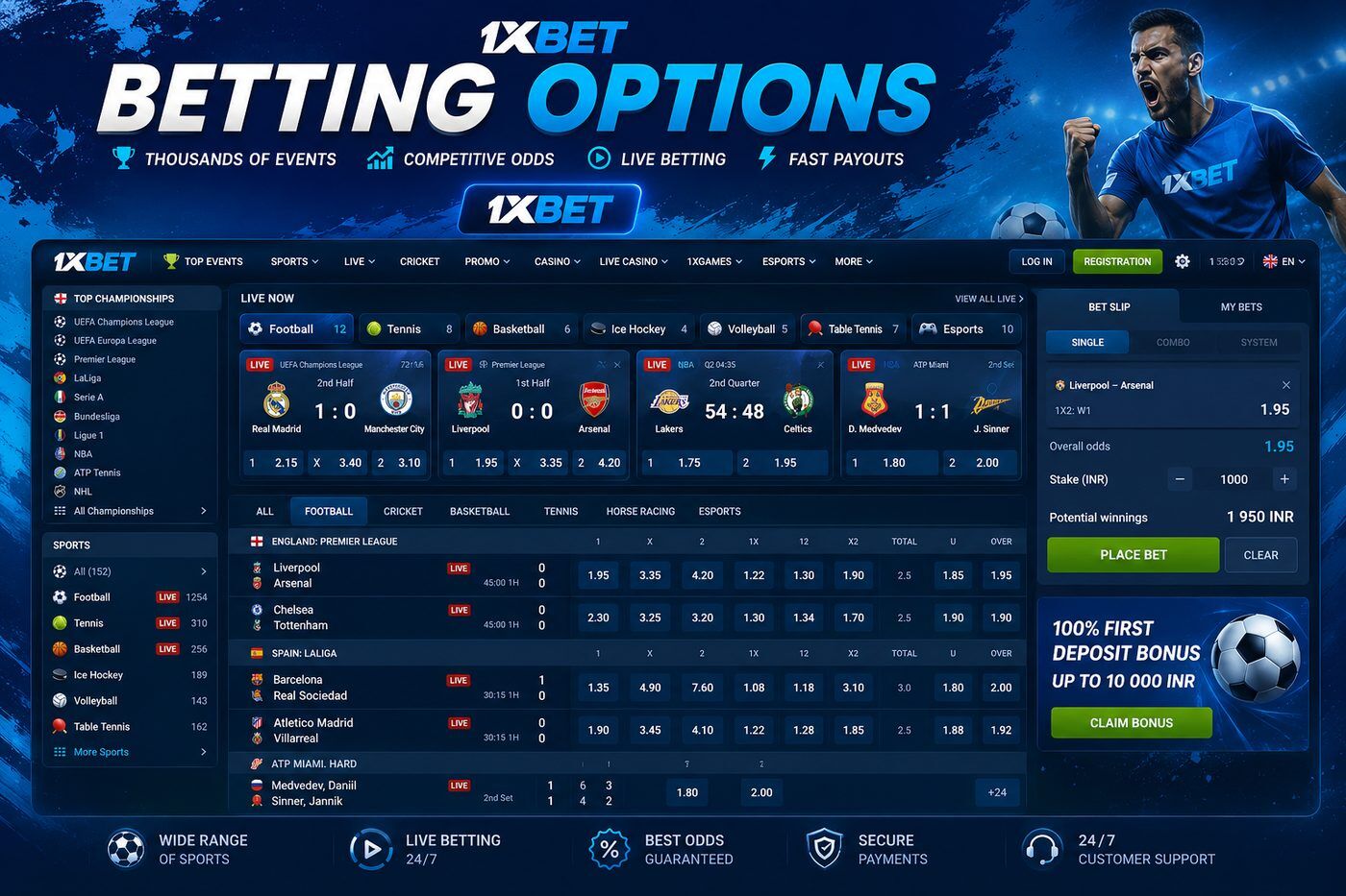 1xBet offers several betting options in Live and Pre-Match modes