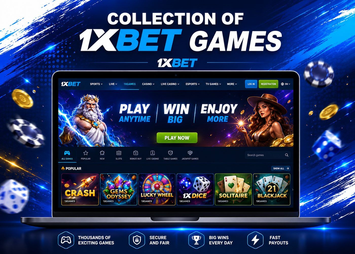 1xBet casino has many online games such as slots, poker tables, bingo, live dealers and others