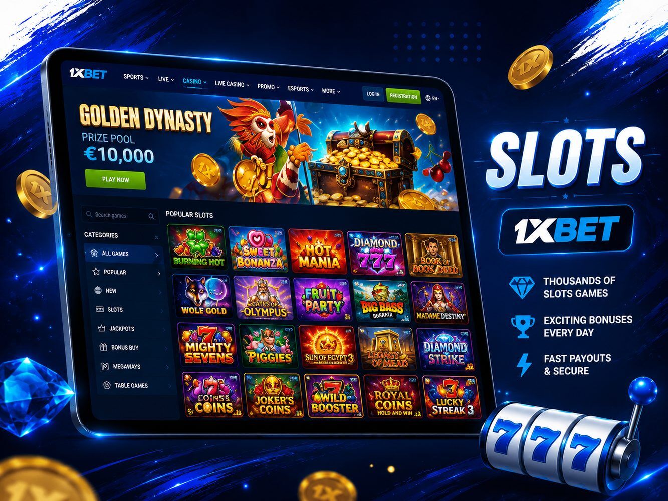 Slots is a broad category of games at 1xBet