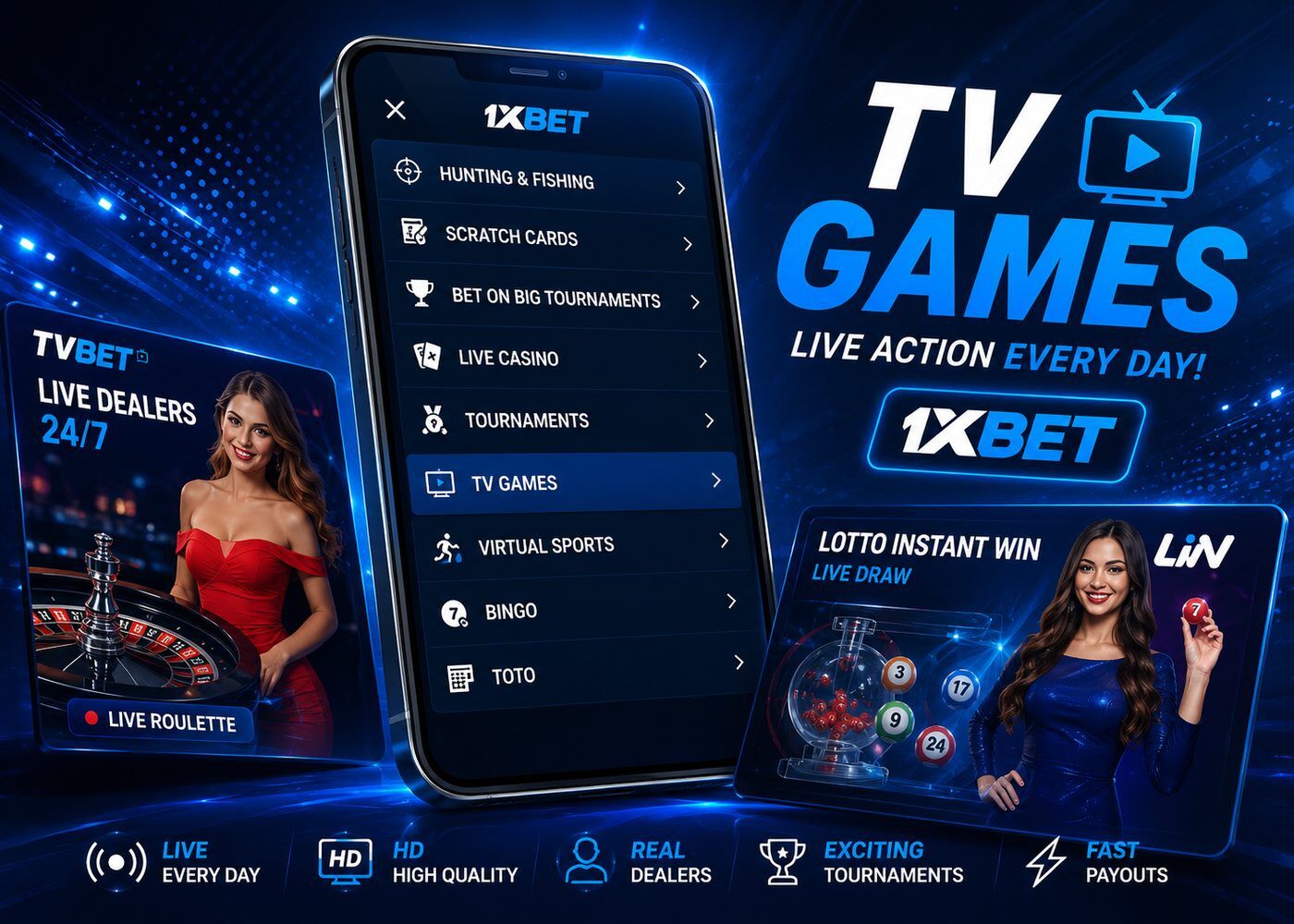 The 1xBet TV Games section presents selections from TVBet and Lotto Instant Win developers